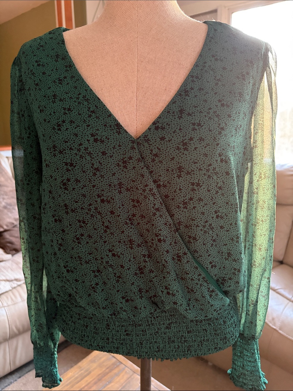 meraki Forest Green Floral Faux-Wrap Blouse